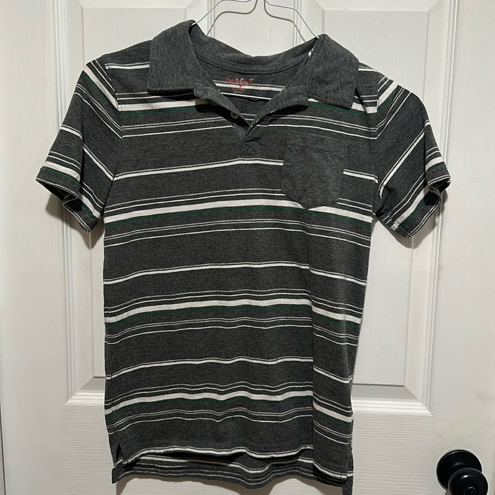 Grey striped polo shirt. Size 12/14.
